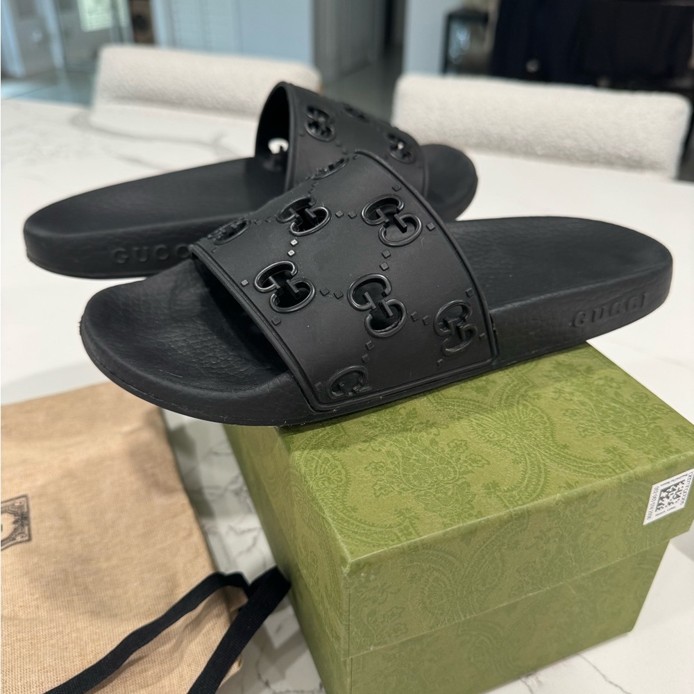 Gucci Black Rubber GG Slide Sandals